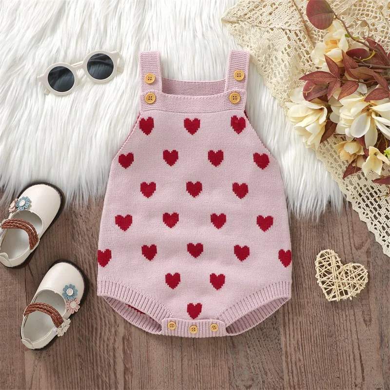 

Toddler Happy Valentines Day Kids Outfit Baby Girl Overall Sleeveless Tank Top Heart Knit Romper Spring Clothes