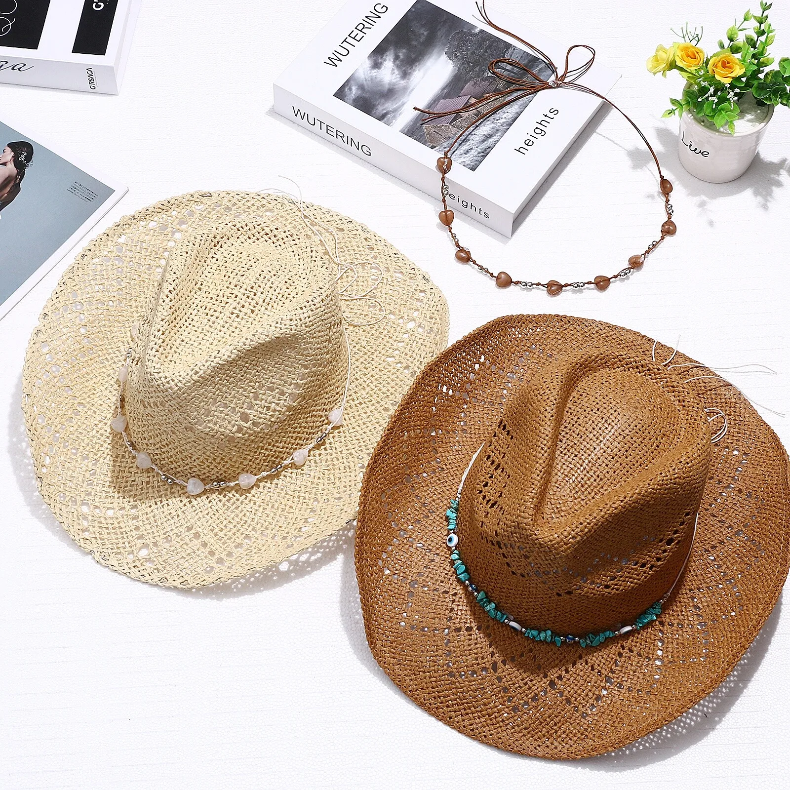 Women's Bohemian Wide Brim Sun Hat Cowgirl Hat with 2 Decorative Beaded Chains