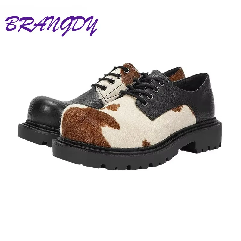 

BRANGDY Quality Men's And Women's Same Color Contrasting Horsehair Cow Pattern Mandarin Duck Tie Thick Heel Casual Leather Shoes