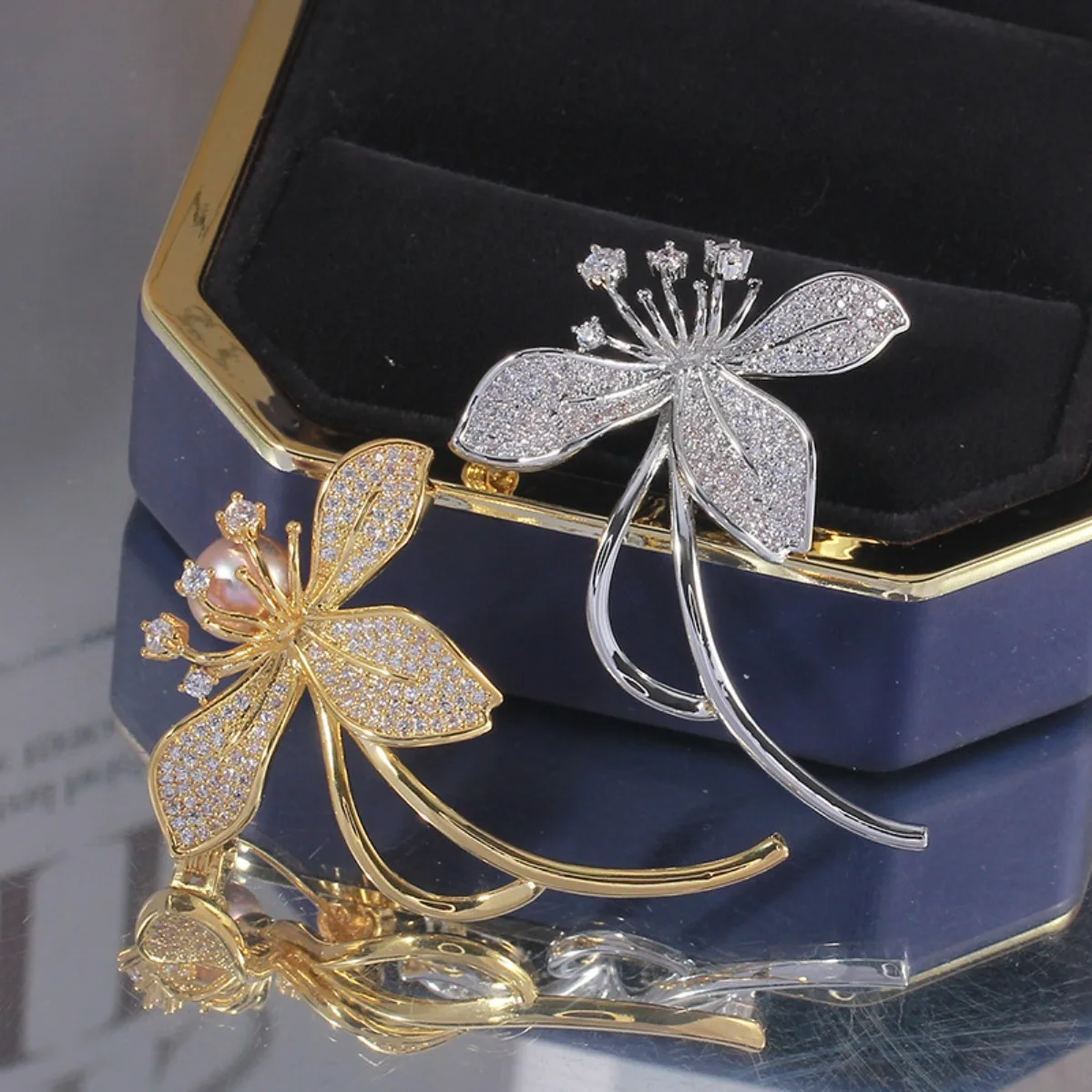 Brass Gold Plated Simple Brooch Blank, Zircon Inlaid Pin, Baroque Pearl DIY Corsage Accessory