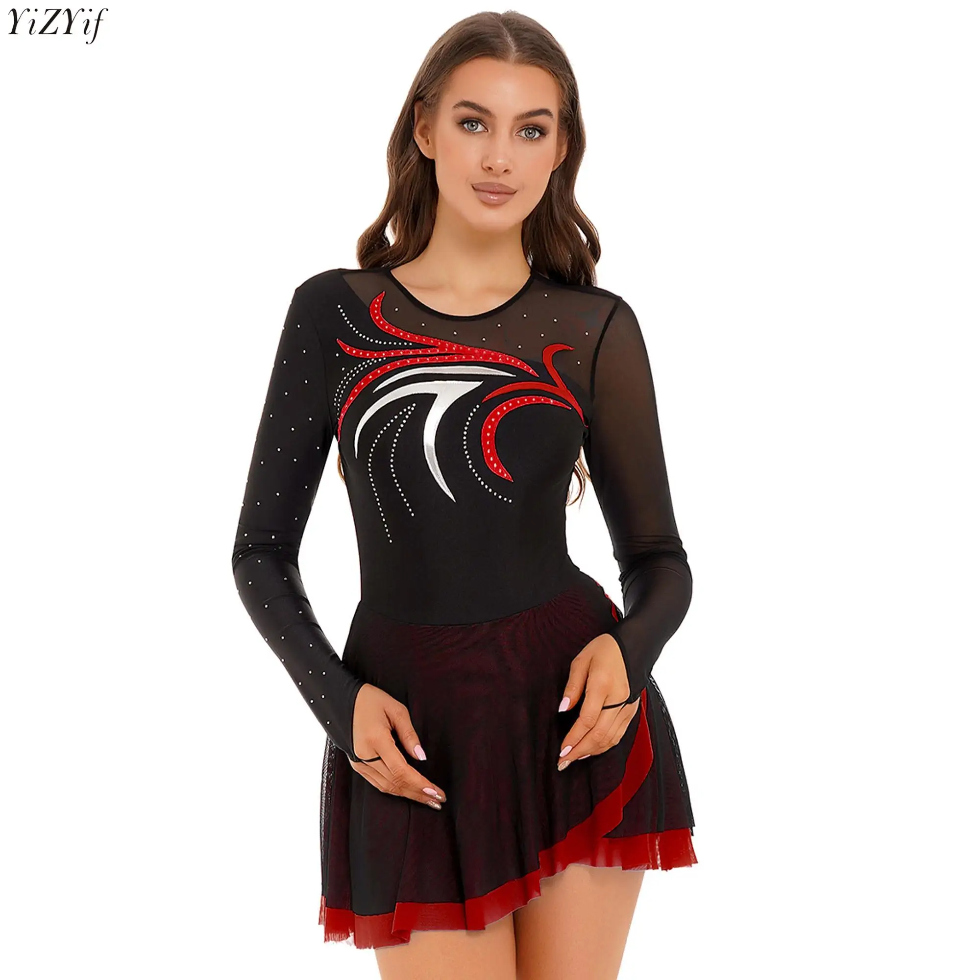

Womens Contemporary Lyrical Dress Shiny Rhinestone Long Sleeve Sheer Mesh Dance Dresses Gymnastics Figure Skating Dance Costume