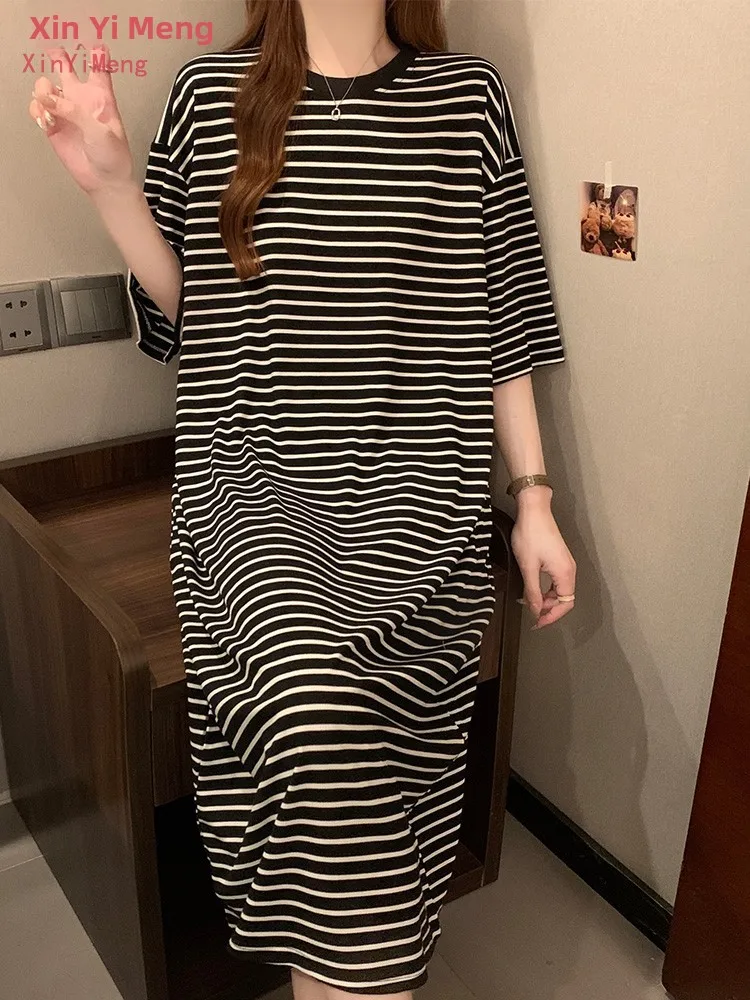 

2025 New plus Size Women's Sleepwear Short Sleeve Thin Summer Home Clothes Cute Striped Print Comfortable Lightweight Nightgown