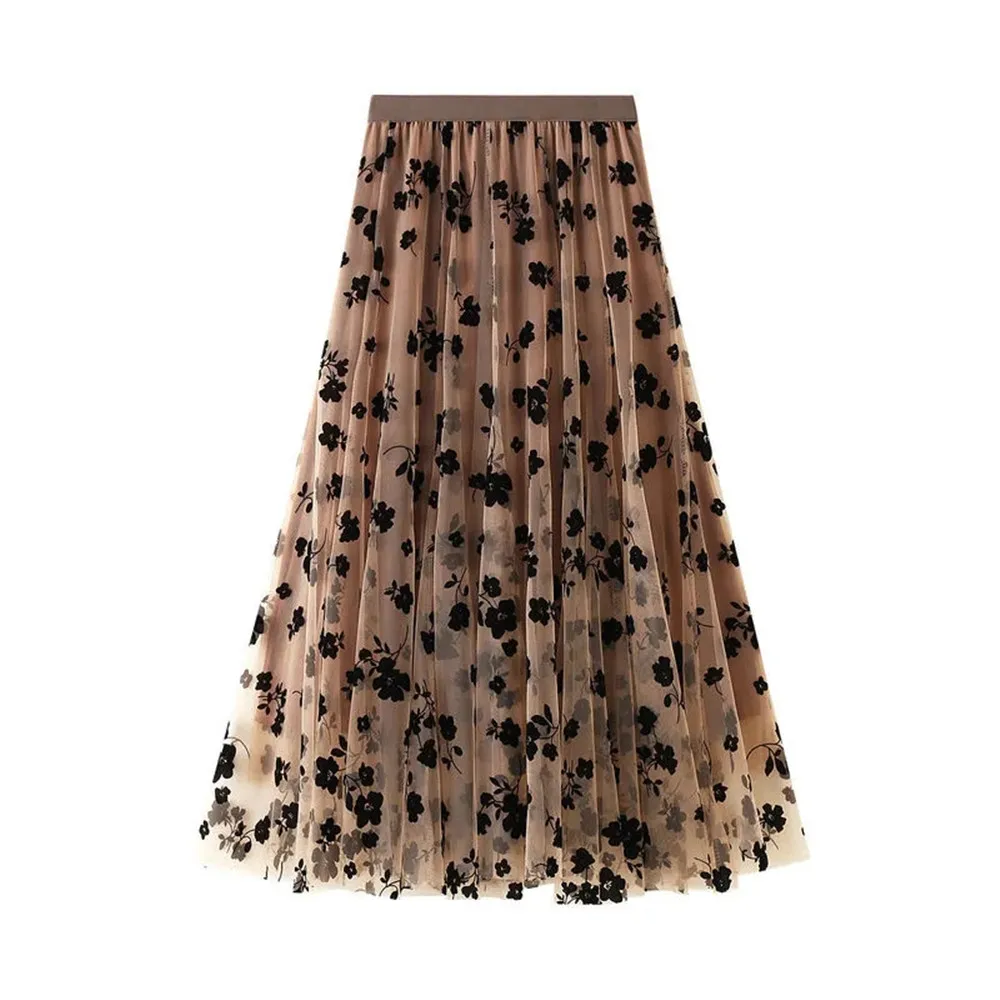 Ladies Vintage Floral Autumn Winter Skirt Women Casual Elastic High Waist Midi Pleated Mesh Tutu Skirt Women Tulle Skirt Female