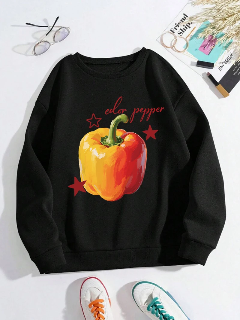 신선한 컬러 페퍼 프린팅 탑 여성 루즈 오버사이즈 옷 O넥 편안한 스웨트셔츠 가을 겨울 이너웨어