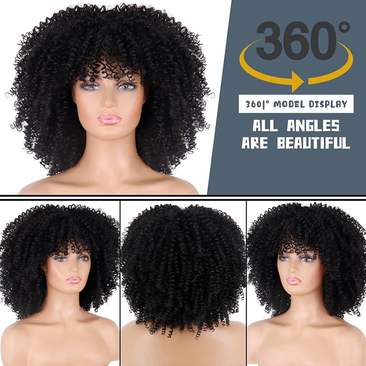 Synthetic Short Hair Afro Kinky Curly Wigs With Bangs For Black Women Cosplay Lolita  Natural Black Wig High Temperature Hair