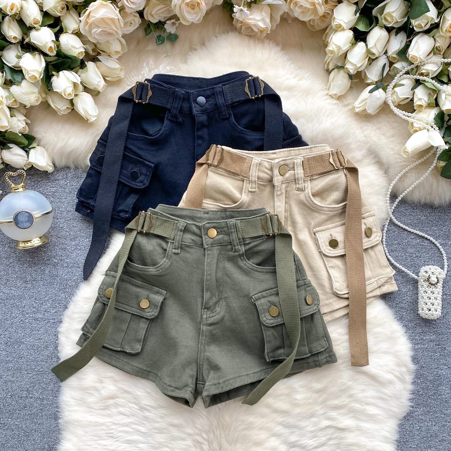 Chic Cargo Shorts Women Pockets Solid Color High Waist Streetwear Womens A-line Hotsweet Korean Style Short Summer ZT289