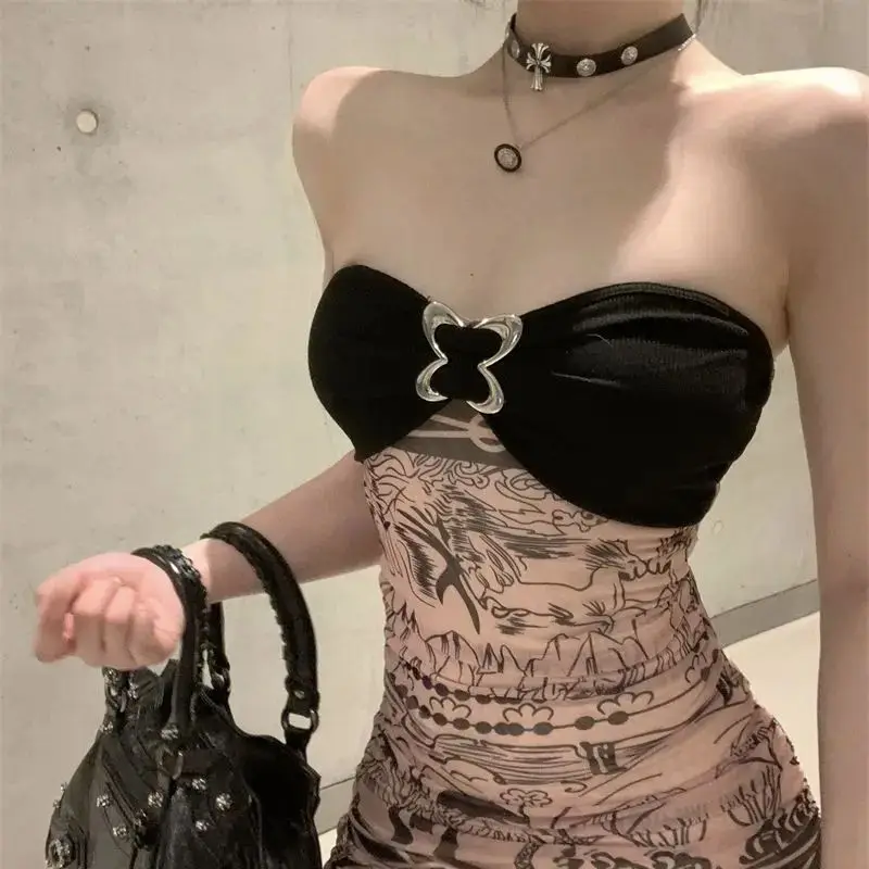 

Tube Top Dress With Color Matching Sexy Retro Wasteland Style Hot Girl Pure Desire Summer Slimming Tight Waist Bag Hip Dress