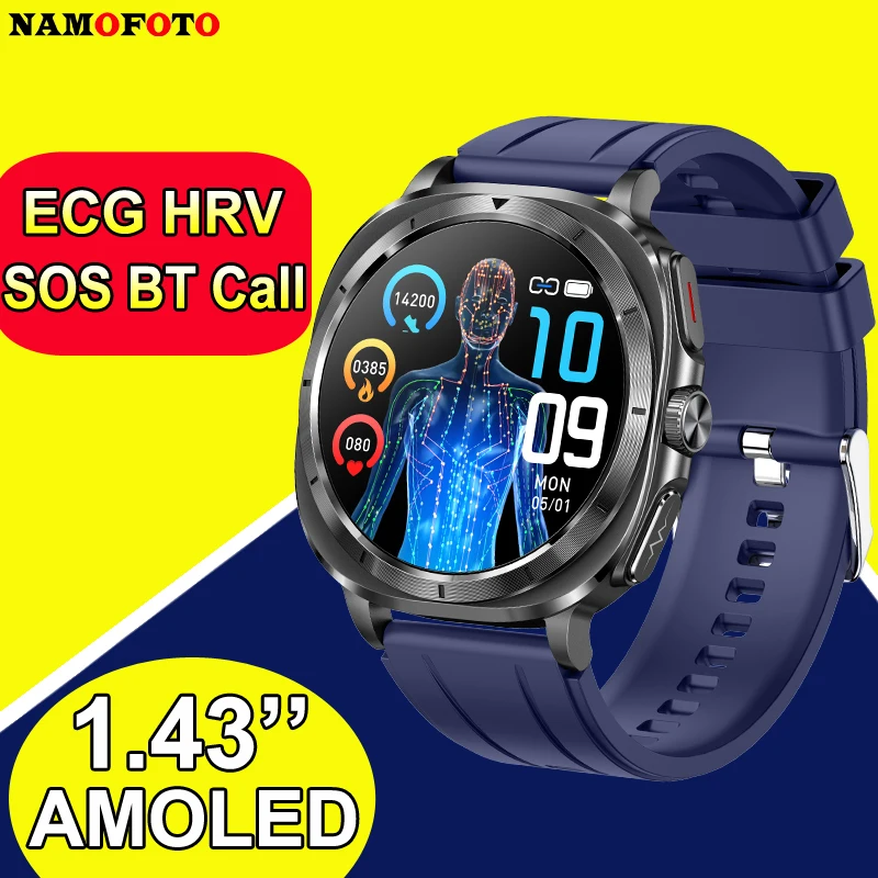 

NAMOFOTO New Men Smartwatch 1.43" AMOLED Wrist Clock ECG HRV Blood Pressure Oxygen Wristwatch Bluetooth SOS Call Smart Watch