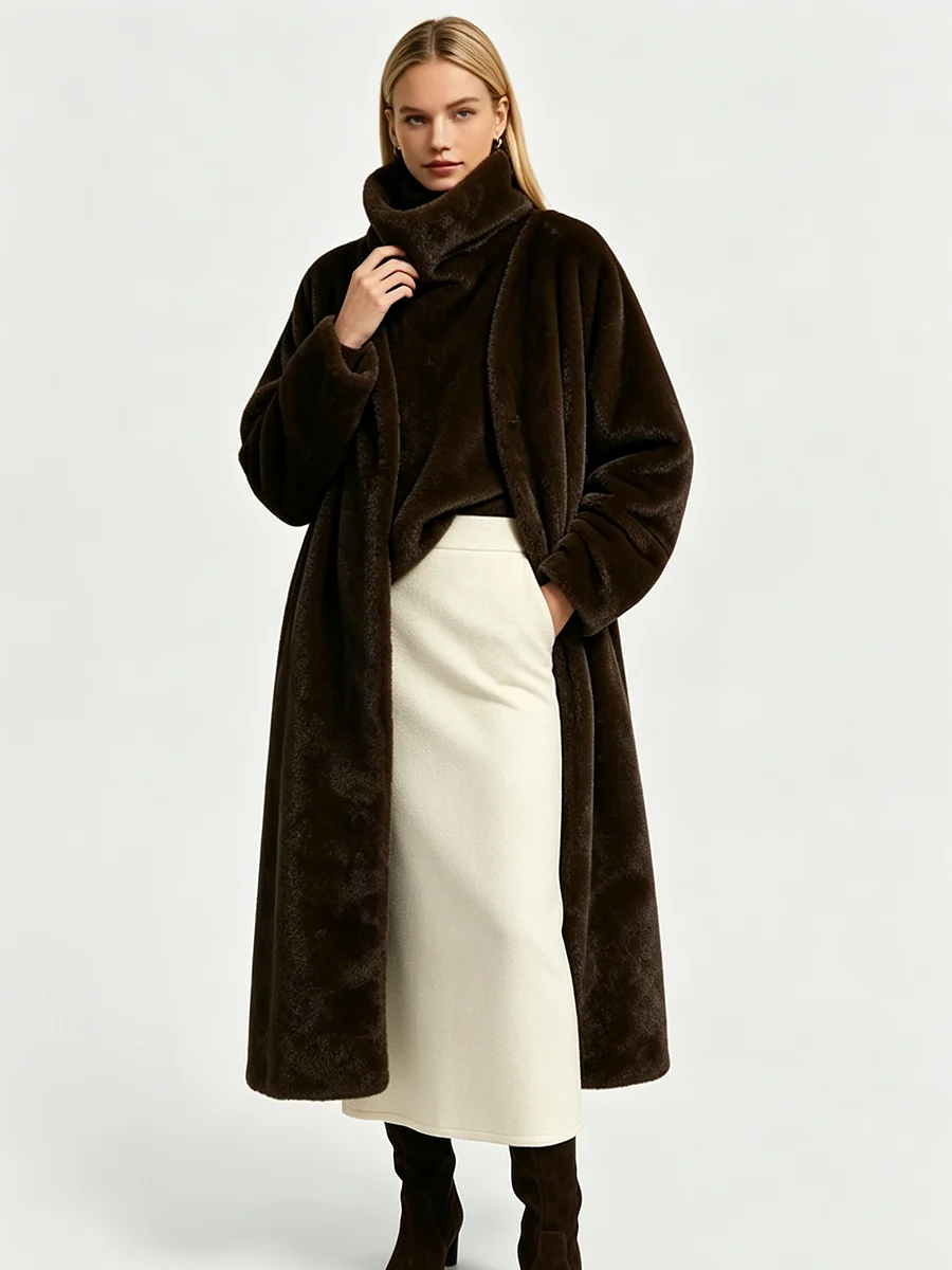 RU Women  Faux Fur Outfit V‑Neck Long Coat + High Turtleneck Sleeveless Vest Plush Warm Winter Ladies Matching Set