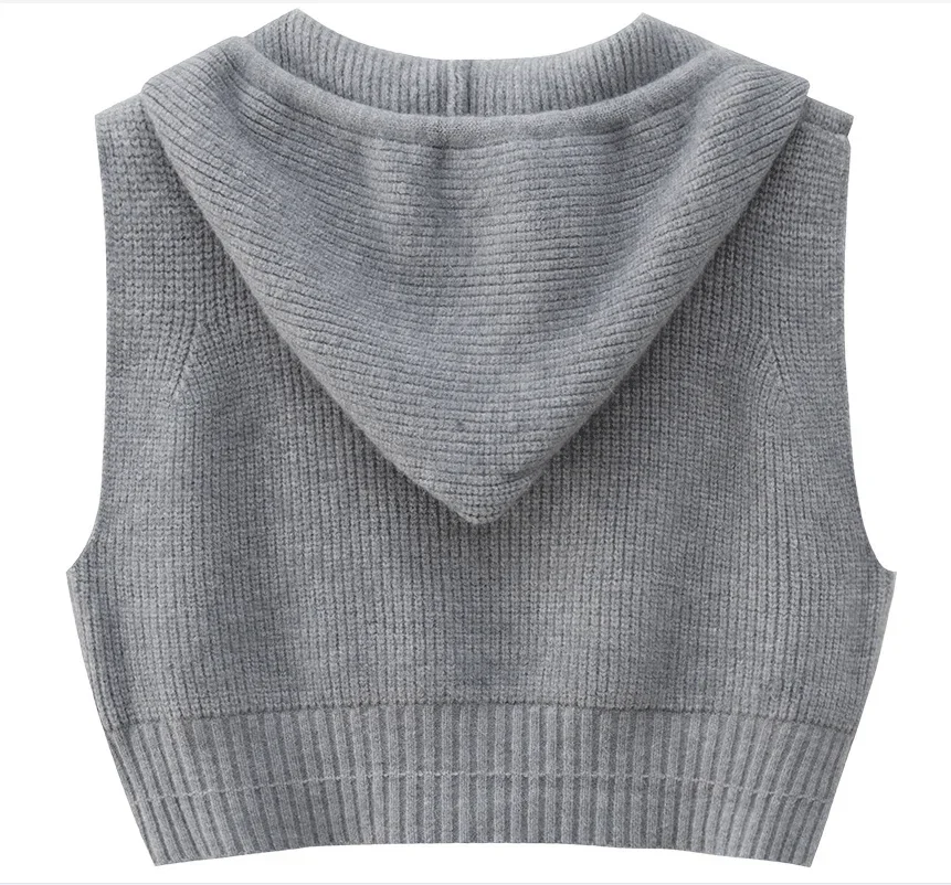 Hooded Waistcoat Knitted Vest Cardigan Women's Blouse Spring Autumn New Loose Sleeveless Sweater Gray Coat