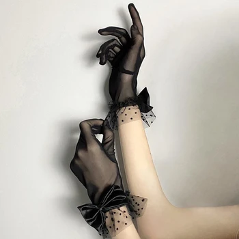 Kadınlar siyah yaz Uv geçirmez sürüş eldiven örgü Fishnet eldiven dantel eldivenler tam parmak kızlar dantel moda eldiven