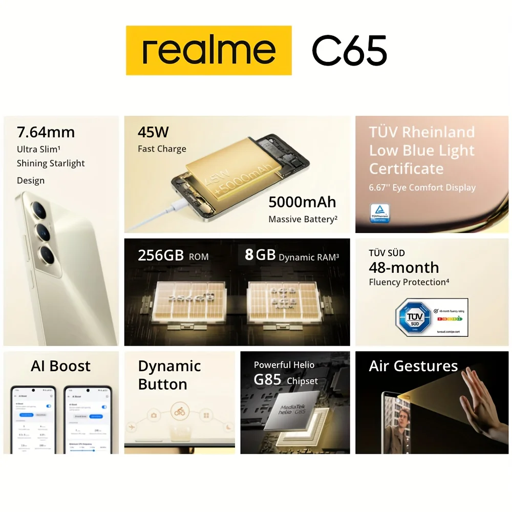 Смартфон Realme C65, 50-мегапиксельная камера с искусственным интеллектом, 45 Вт, SUPERVOOC зарядка, большой дисплей 6,67 дюйма, аккумулятор 5000 мАч, Helio G85 NFC