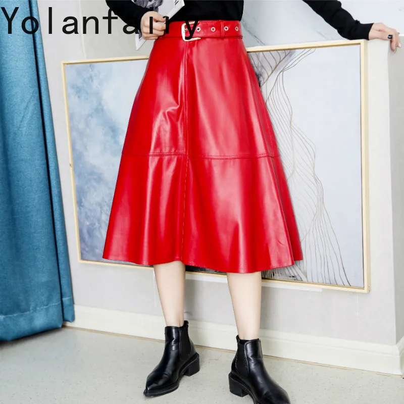 YOLANFAIRY 2026 Autumn Women Genuine Sheepskin Leather Half Skirt Red A-line Skirts Long High Waist Big Swing Real Leather Skirt