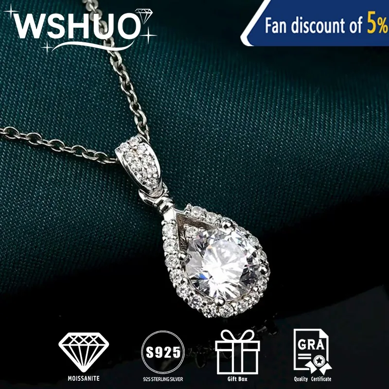

WSHUO 1CT Moissanite Drop-shaped Pendant Necklace Women 925 Sterling Silver Plated with White Gold High-end Jewelry Necklace