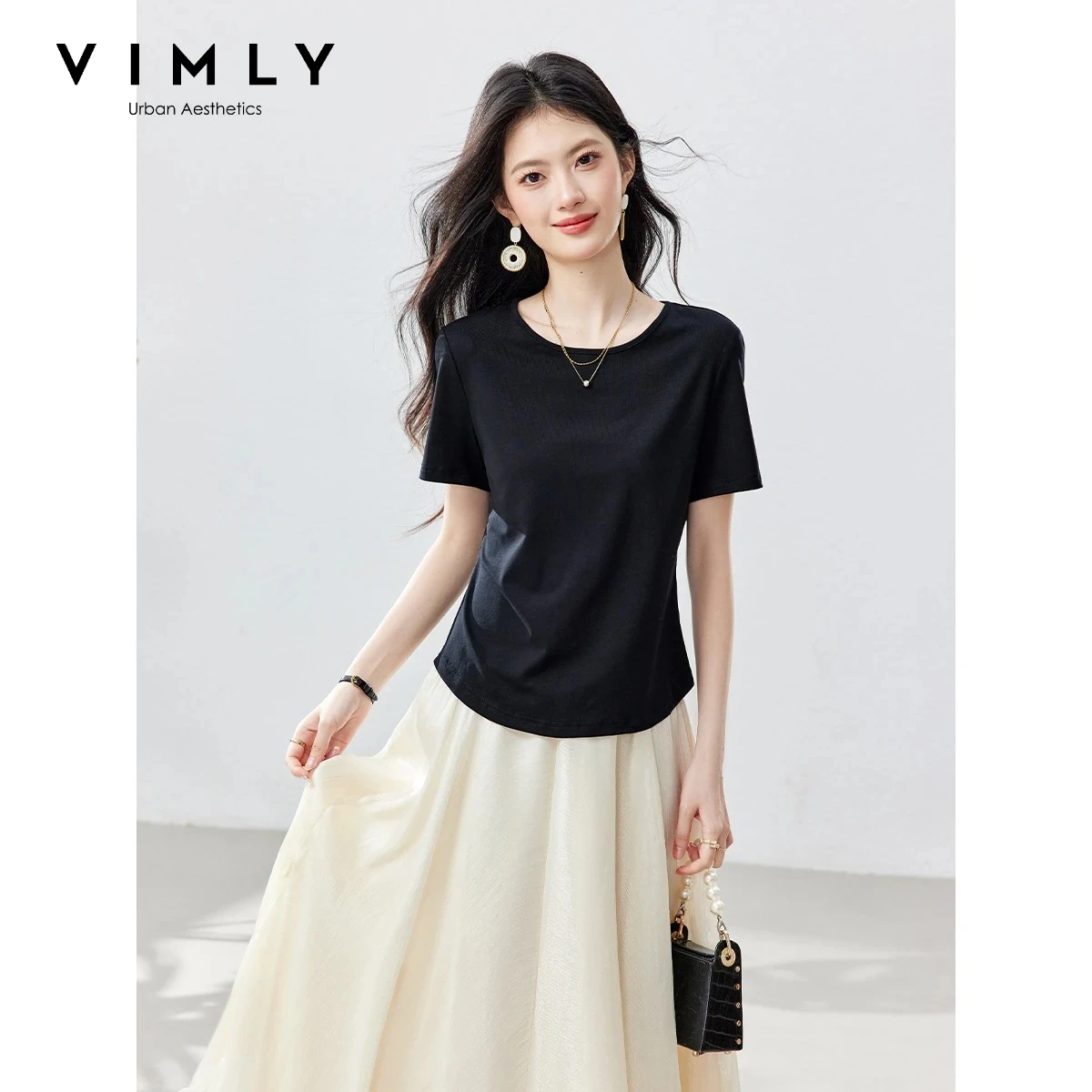 VIMLY Simple Black Crew Neck T-shirt for Ladies 2026 Summer Fashion Back Cutout Tie Short Sleeve Casual Daily Top Women A6361