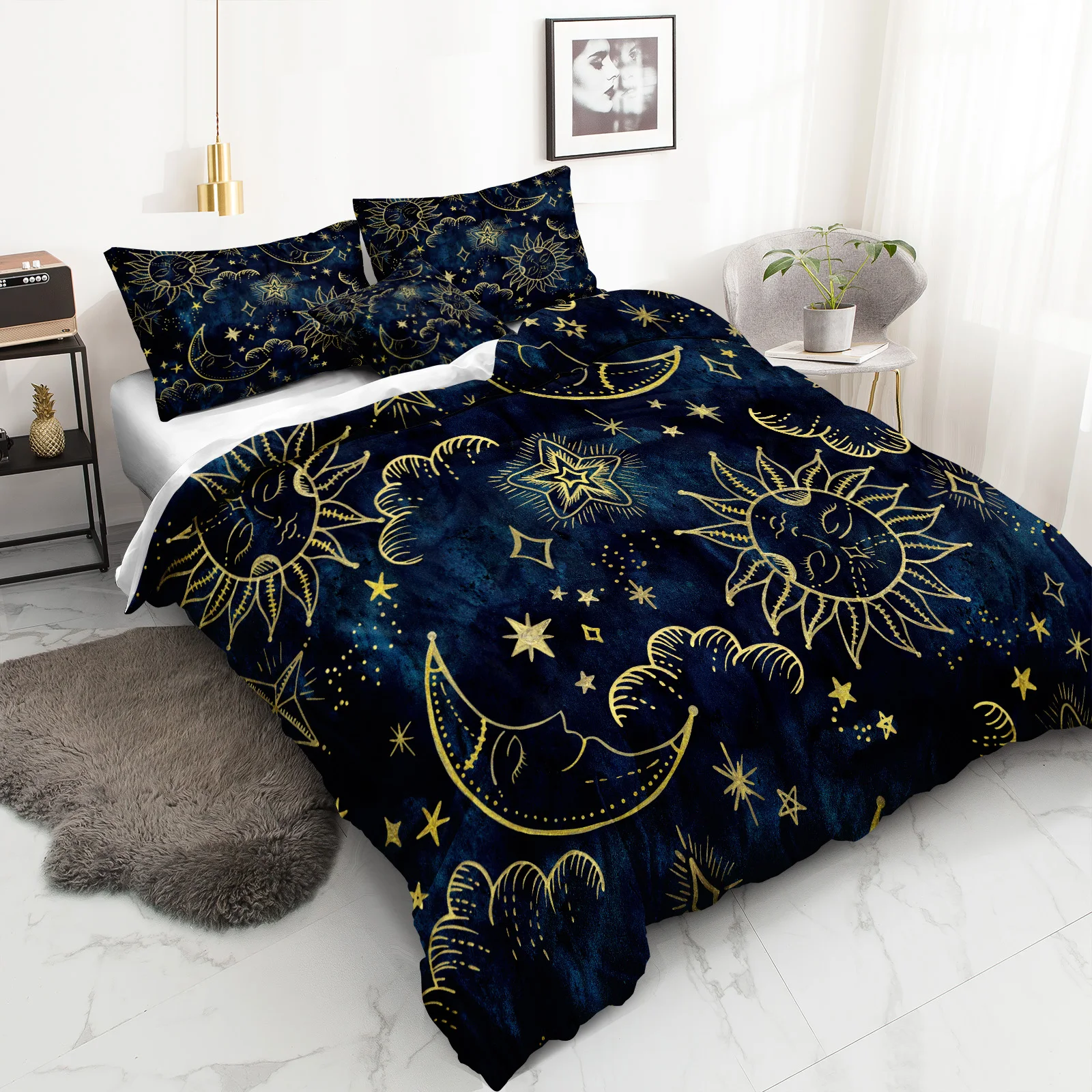 Blue Gold Duvet Cover Set Sun Moon Bedding Set 3 Pieces for Kids Boys Universe Galaxy Pattern Bohemian Gothic Bedding