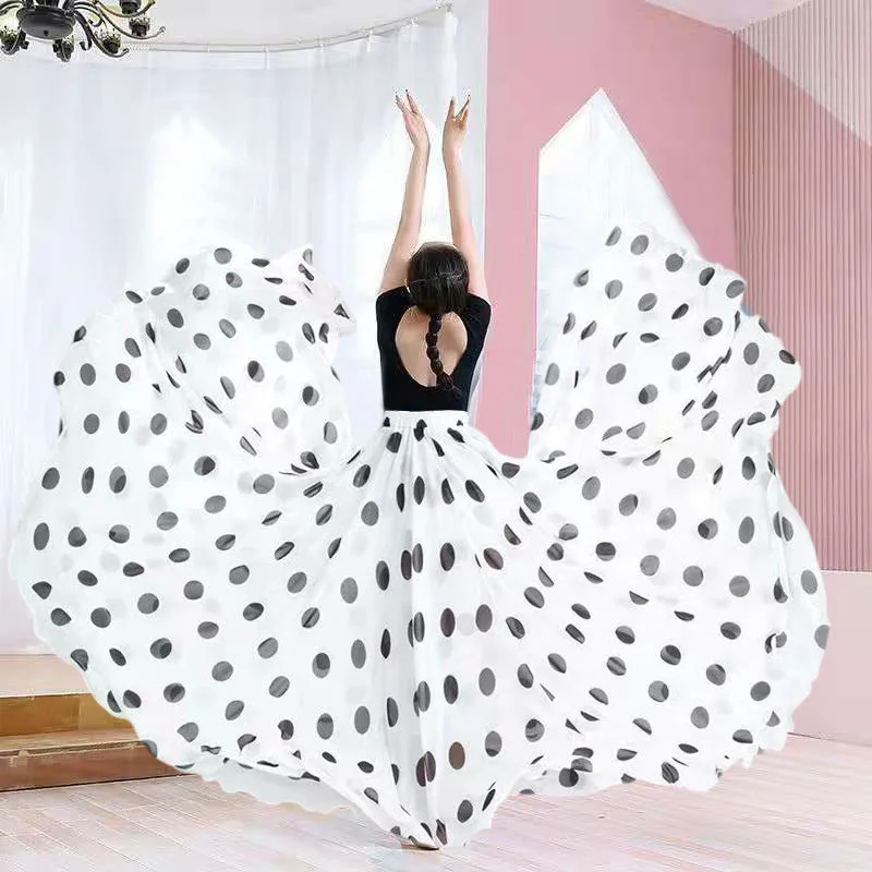 Saia de cintura alta para dança clássica flamenco, 720 graus, roupas de dança, bolinhas, saia estampada, roupa de performance de palco de dança