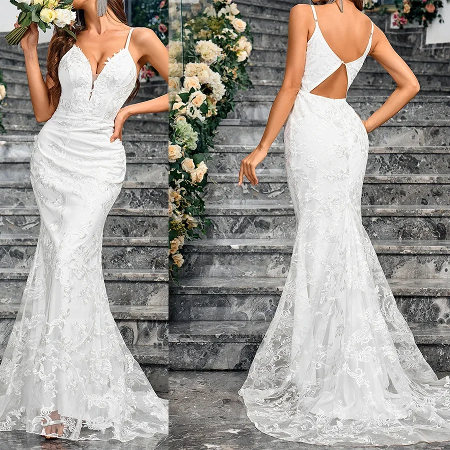 Sexy grenzüberschreitendes, figurbetontes Brautkleid mit Schleppe für Brautpartys und Partys, knöchellanges Abendkleid mit V-Ausschnitt