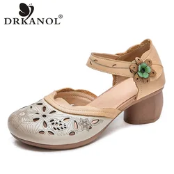 DRKANOL National Style Genuine Leather Sandals Women Summer Hollow Flowers Thick Heel Casual Sandals Hook Loop Round Toe Shoes