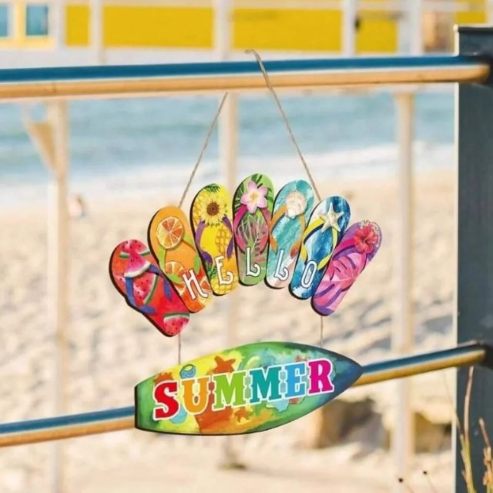 

Colorful Hello Summer Wall Ornaments Funny Wall Art Summer Slippers Hanging Signs Beach Wooden Slippers Decoration