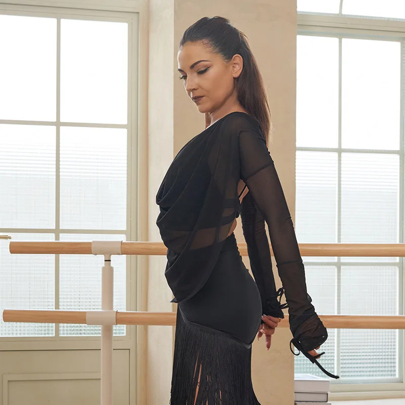 패션 라틴 댄스 여성 성인 메쉬 불규칙한 작업복 긴팔 국가 표준 현대 무용 연습 옷 새로운상의