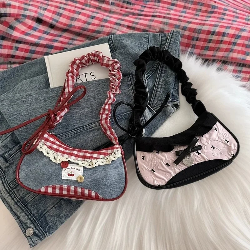 Fashion Grid Women Bag Lace Ribbon Stretchable Shoulder Strap Single Shoulder Underarm Bag Daily Commuting Student Handbag