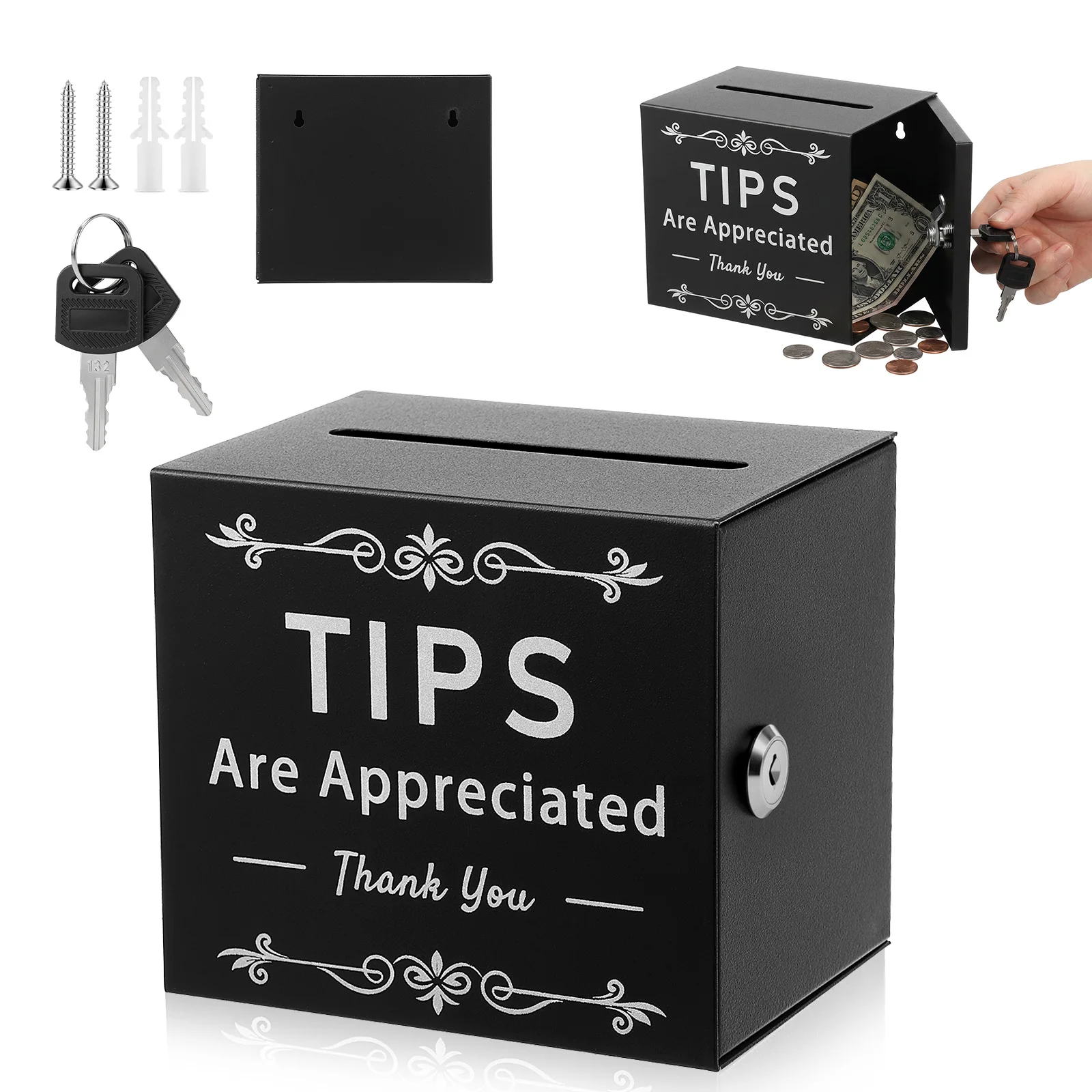 Metal Tip Box Safe Money Jar Lockable Suggestion Box with 2 Keys and Slot for Bar Cafe Restaurant Desk and Fundraising Event