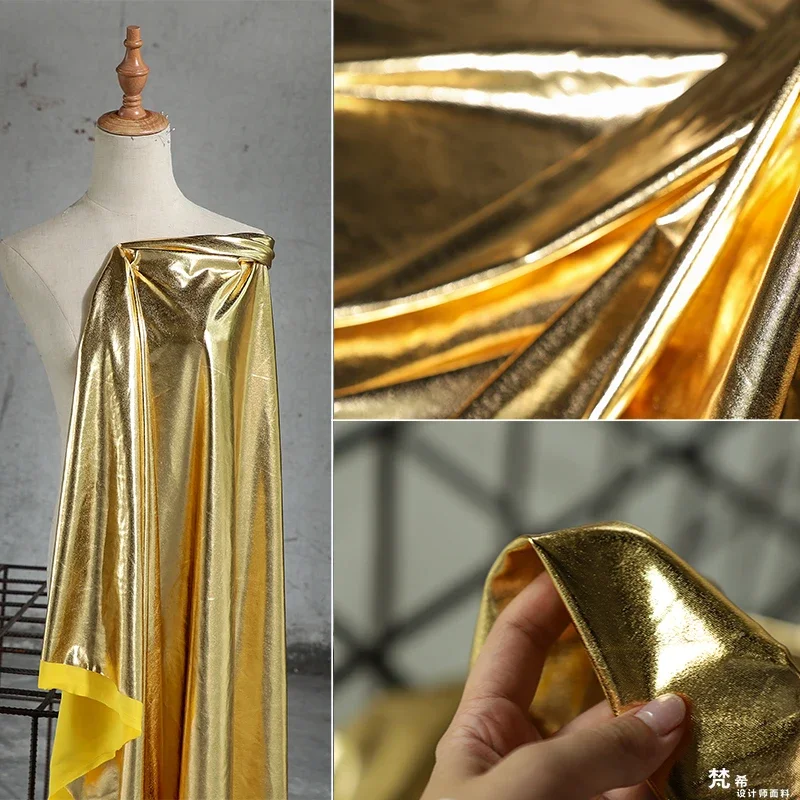 Designer Fabric TPU Artificial Leather Soft Bright Gold Mirror Coated Elastic Knitted Fabric Diy Sewing By The Meter Wholesale