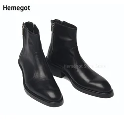 Black Thick Sole High Heel Chelsea Boots Men's Pointed Leather Side Zipper Winter Cowboy British Style Booties New Men's Boots