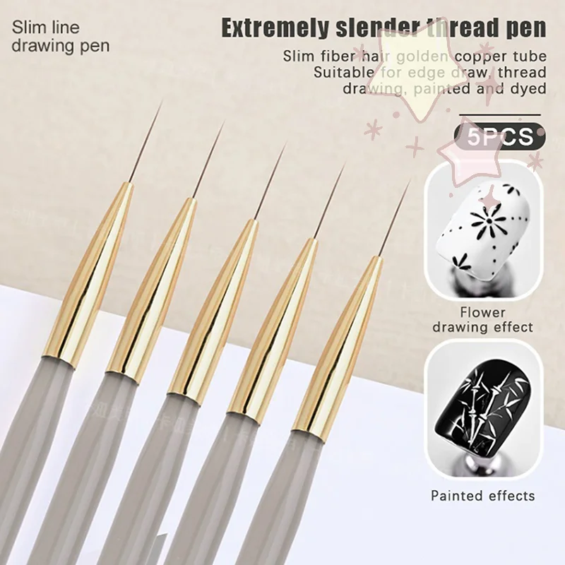 

5Pcs Acrylic Handle Extremely Fine Nail Art Liner Pen DIY Painting Lines Stripe Flower Drawing UV Gel Brush