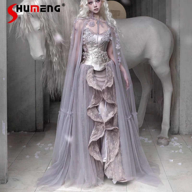 

Special Design Lolita Japanese Handmade Floral Mesh Cape Beautiful Sleeveless Hooded Long Floor-length Cloak Coat Women Clothes