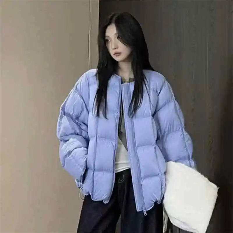 Women's Cotton Jacket 2025 Korean Edition New Autumn Winter Solid Color Round Neck Fashion Thick Warm Coat Parka Overcoat
