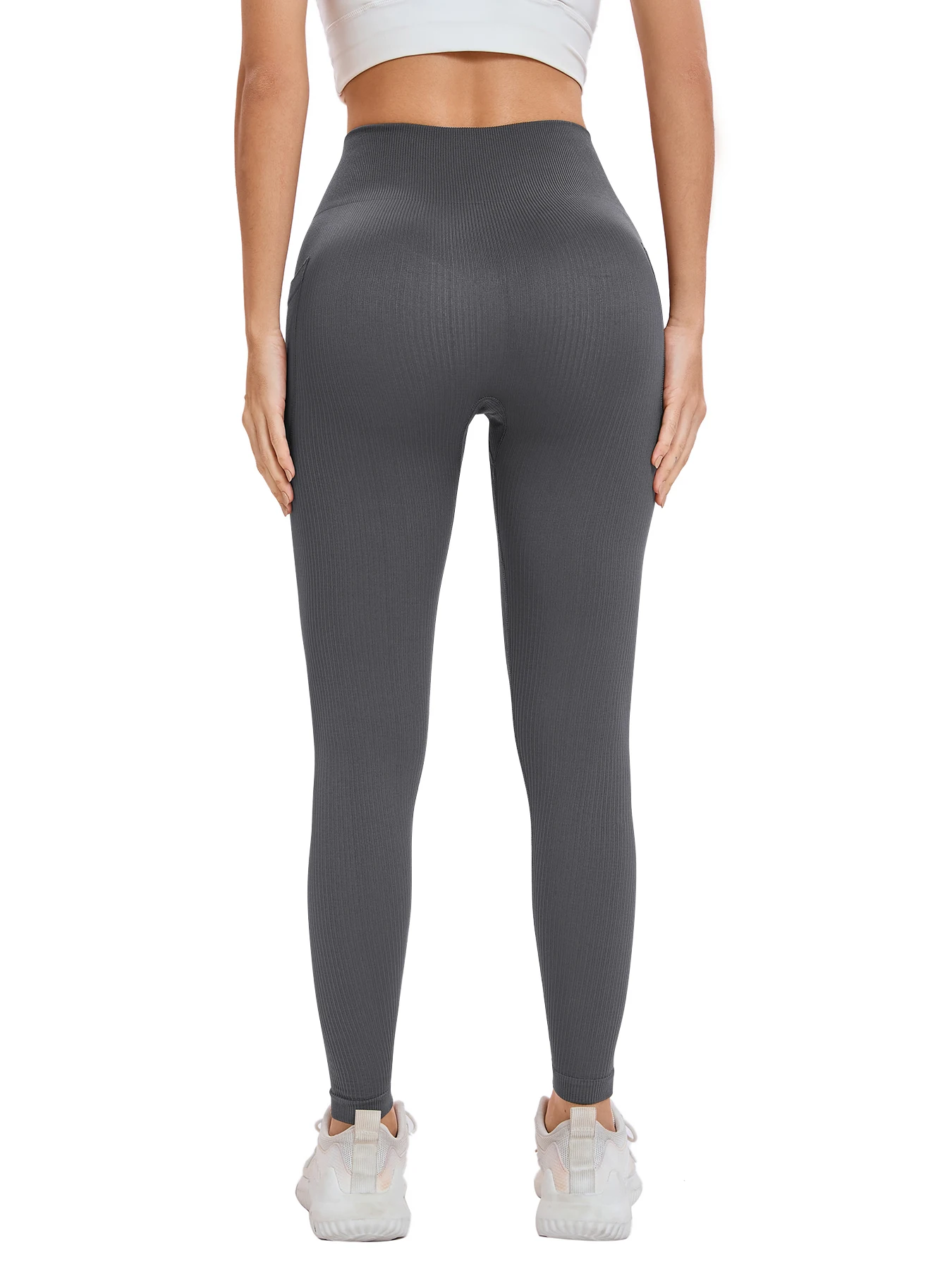 Women's solid color threaded sports leggings seamless cross-border yoga pants high-waisted fitness pants Yoga wear with pocket image 2