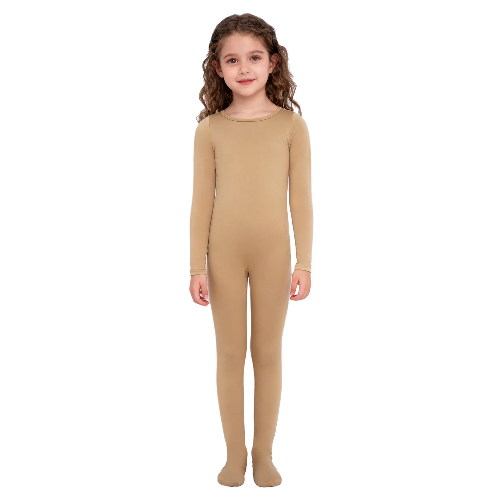 Kids Girls Ballet Gymnastics Figure Skating Dance Jumpsuit Round Neck Long Sleeve Footed Bodysuit for Practice Warm-Up Training