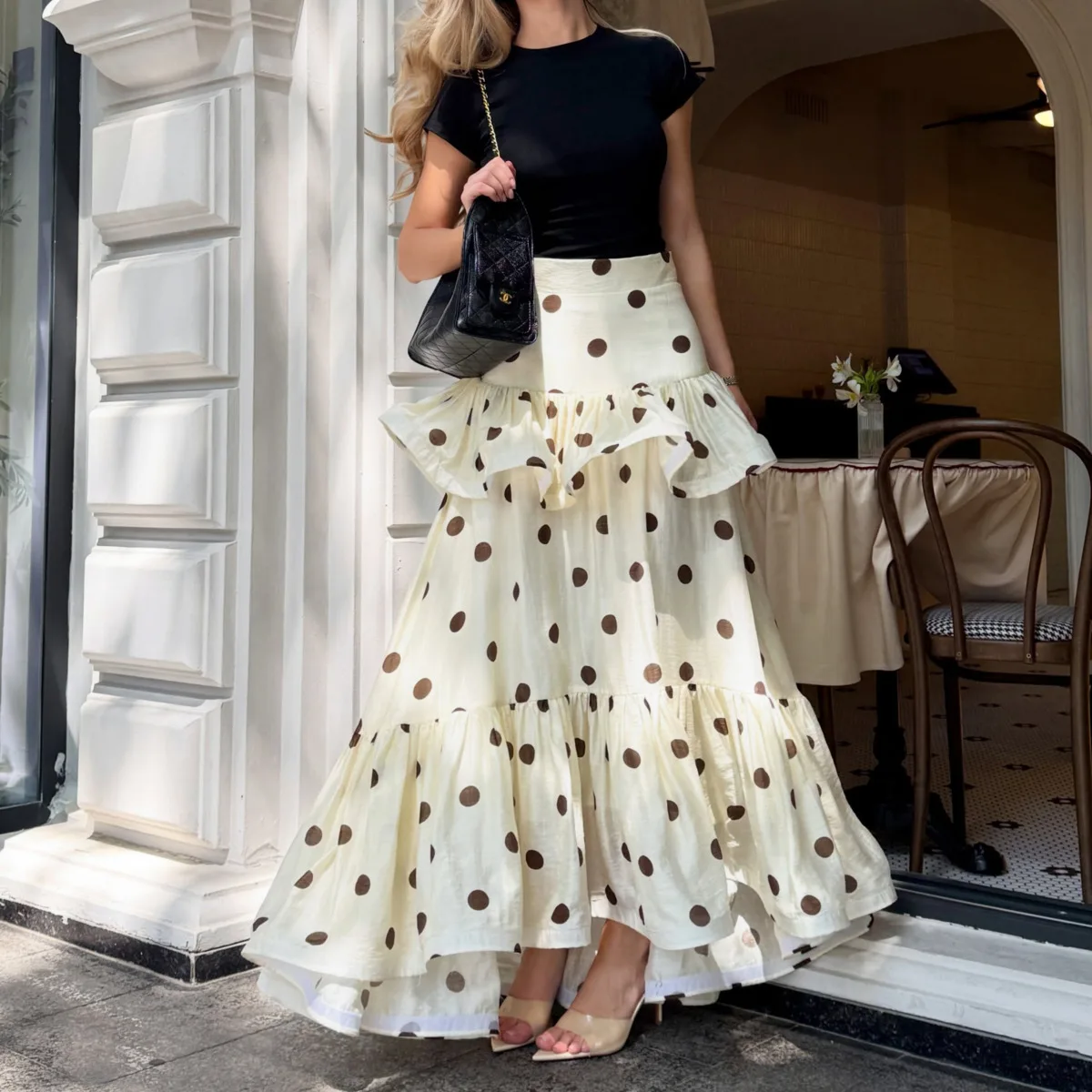 2026 New Women High Waist Polka Dot Ruffle Tiered Maxi Skirt Matching Tee Elegant Holiday Daily Slim Flowy Two Piece Dress Set