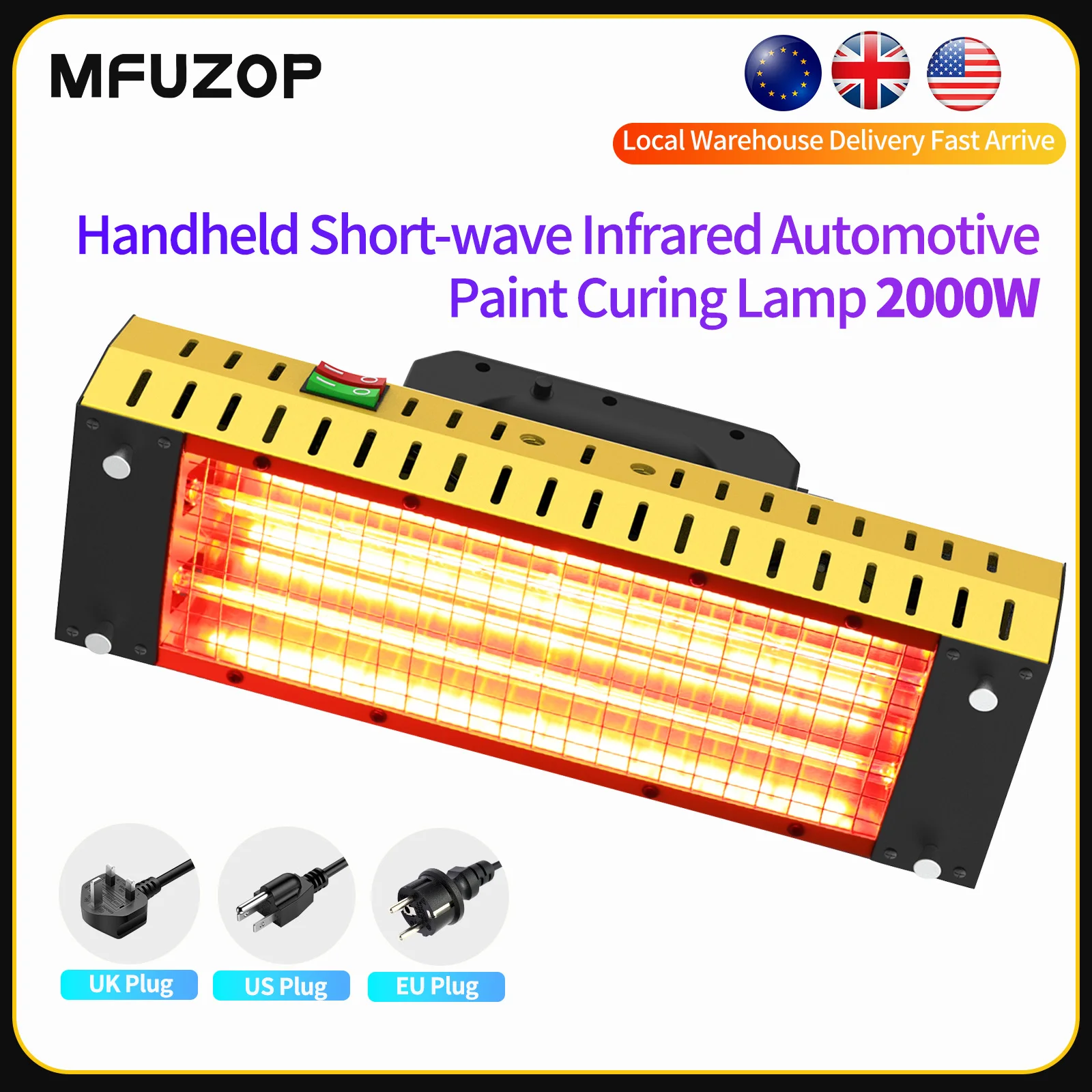 DATOUBOSS 2000w 110V/220V Lampada portatile per polimerizzazione a vernice a infrarossi Lampada portatile per riscaldamento a onde corte Uso per strumento di riparazione carrozzeria auto