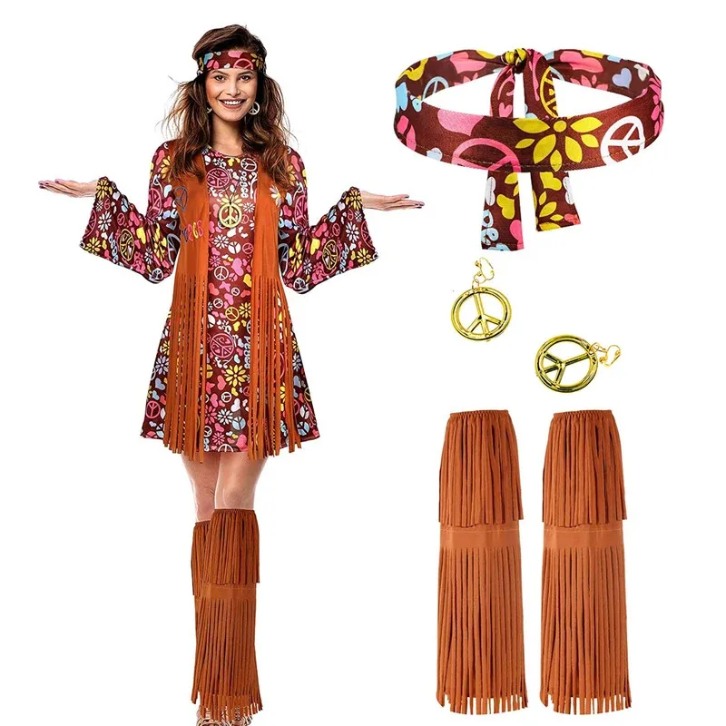 

70s Costume For Hippie Costume Women Peace Sign Earring Necklace Headband Dress Accessories Halloween Indian Hippie Performance