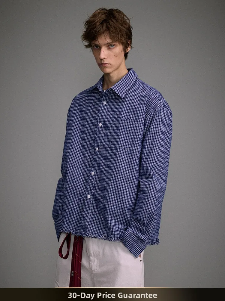 

Американская ретро-рубашка в клетку с эффектом пэчворк, с рваным воротником, длинными рукавами, весенняя новинка, повседневная рубашка-куртка для пар, свободный крой, молодежный тренд, хлопок...