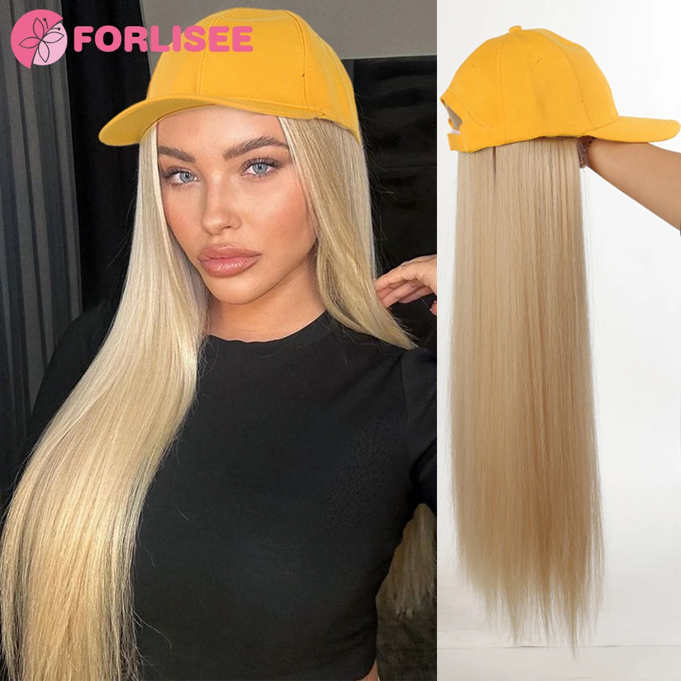 FORLISEE 30Inch Long Straight Synthetic Wig Baseball Cap Hair Extensions Hat Wigs Gold Adjustable Hairpiece for Women