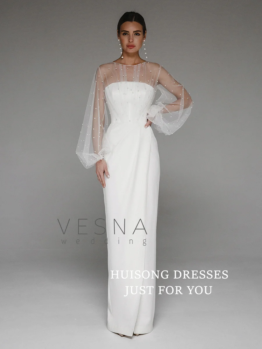 

HUISONG Customized Satin Mermaid Wedding Dresses Pearls O-Neck Puff Sleeves Beach Bridal Gown свадебное платье