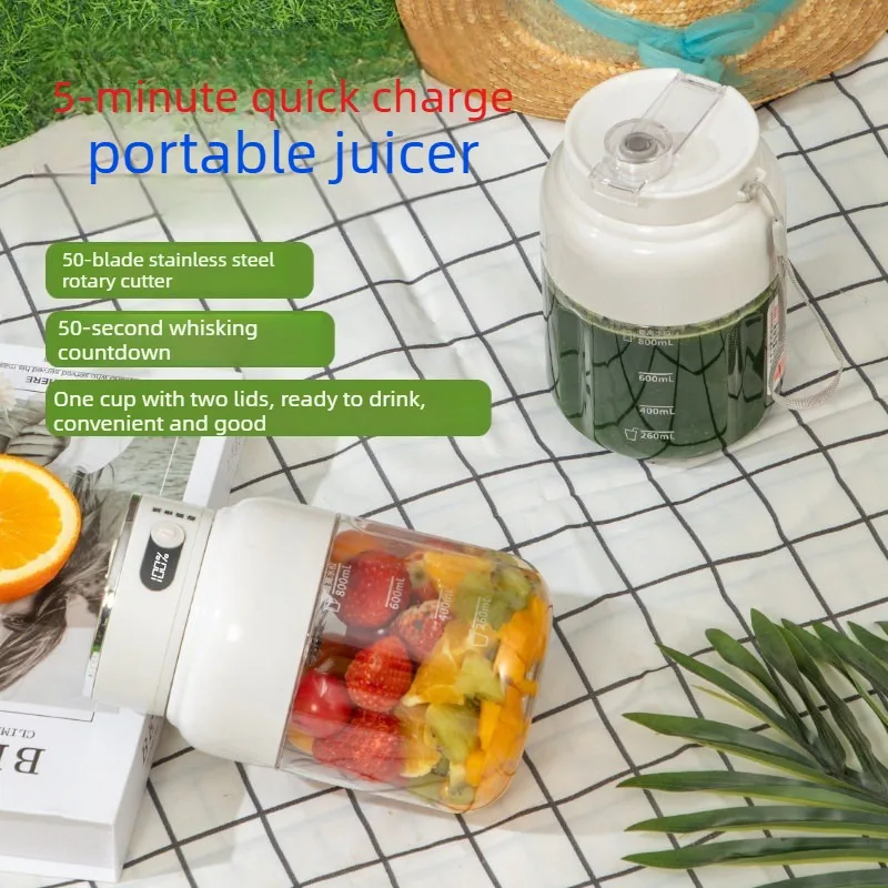 Portable Blender Electric Juicer Cup, 5‑Min Fast Charging Dual‑Lid Blend‑and‑Go Smoothie Maker for Outdoor Camping Travel