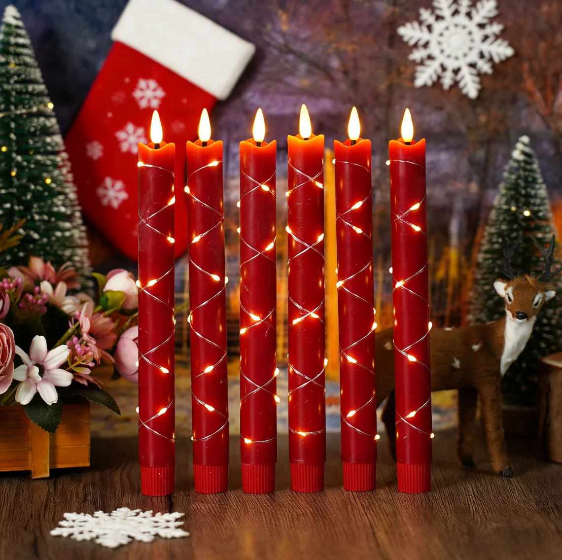 Red Paraffin Wax Flameless LED Candles String Lights Flickering for Valentine‘s Day Christmas New Year Wedding Romantic Dinner
