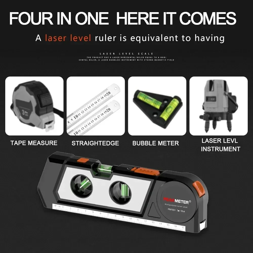 PM1001 Four in one Laser Level Super Powerful for Horizon and Vertical Measurement with Bubbles Ruler and Tape measure