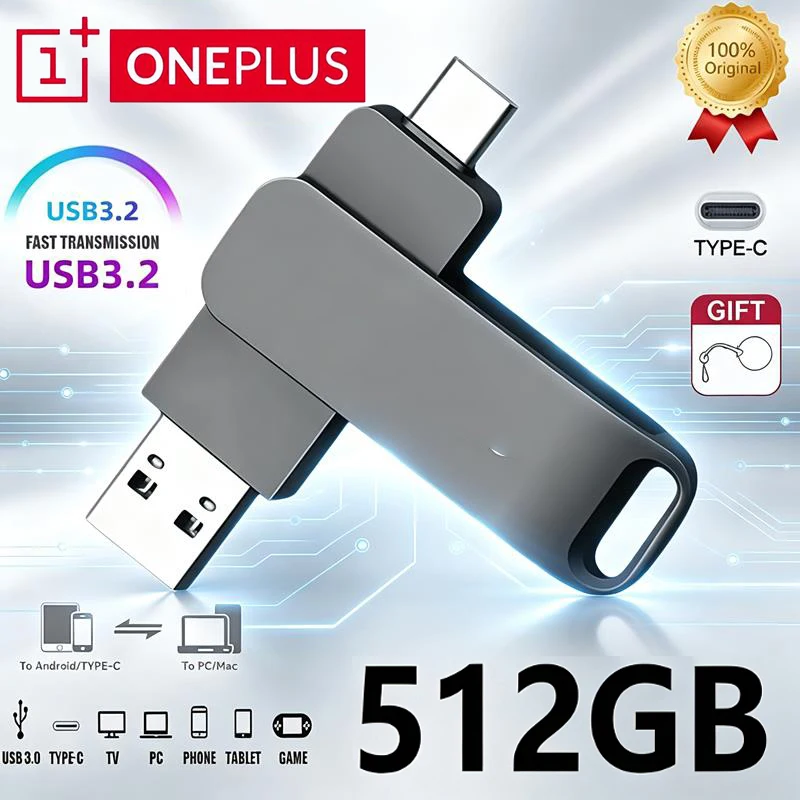 OnePlus 512GB USB 3.2 2 in 1 Flash Drive High Speed Metal Pendrive Waterproof Type C Memory Stick for Phone Laptop Data Transfer
