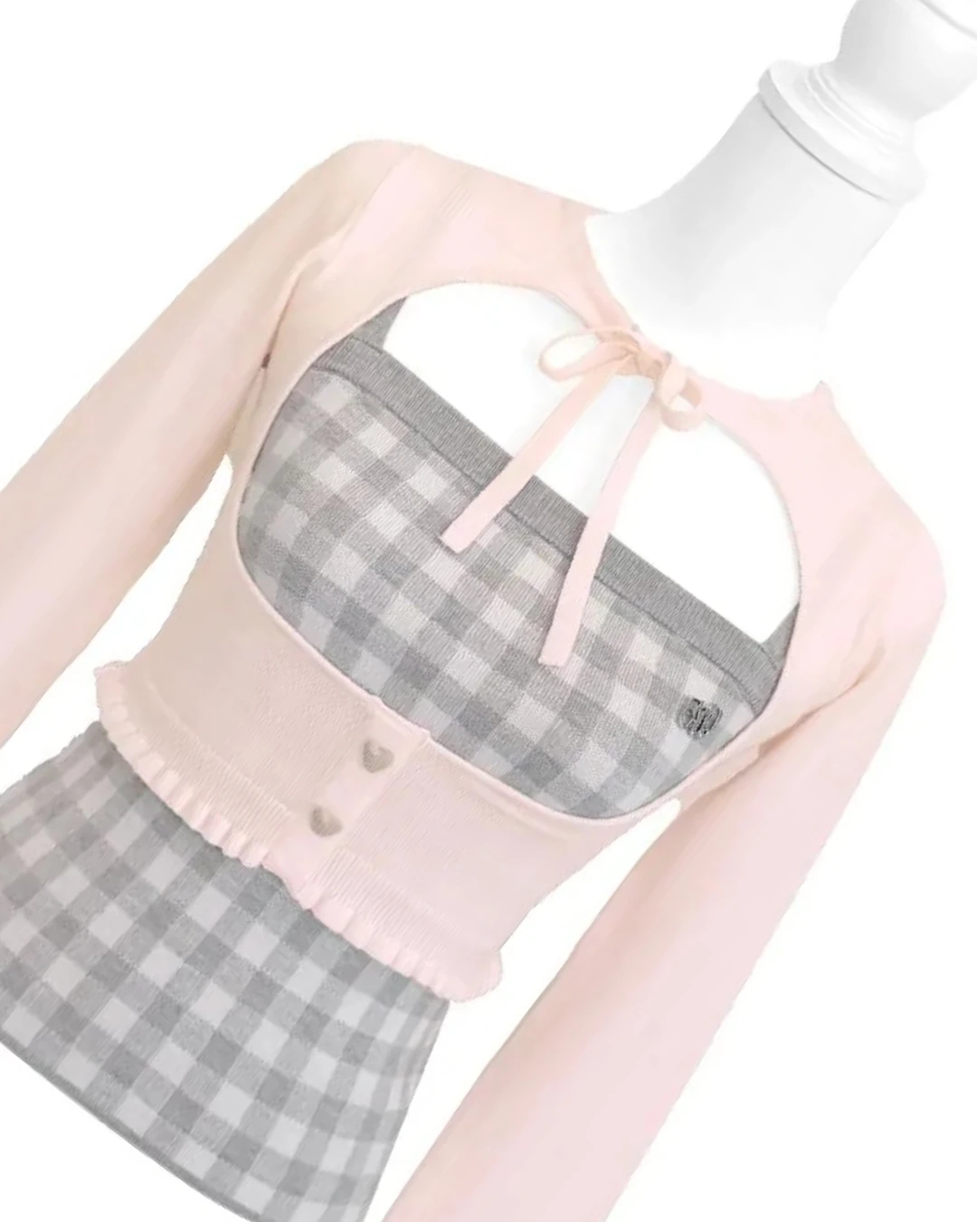 일본 스타일 여성 상의 가을 겨울 신상 달콤하고 귀여운 레이스업 니트 가디건 + 체크 니트 캐미솔 여성용