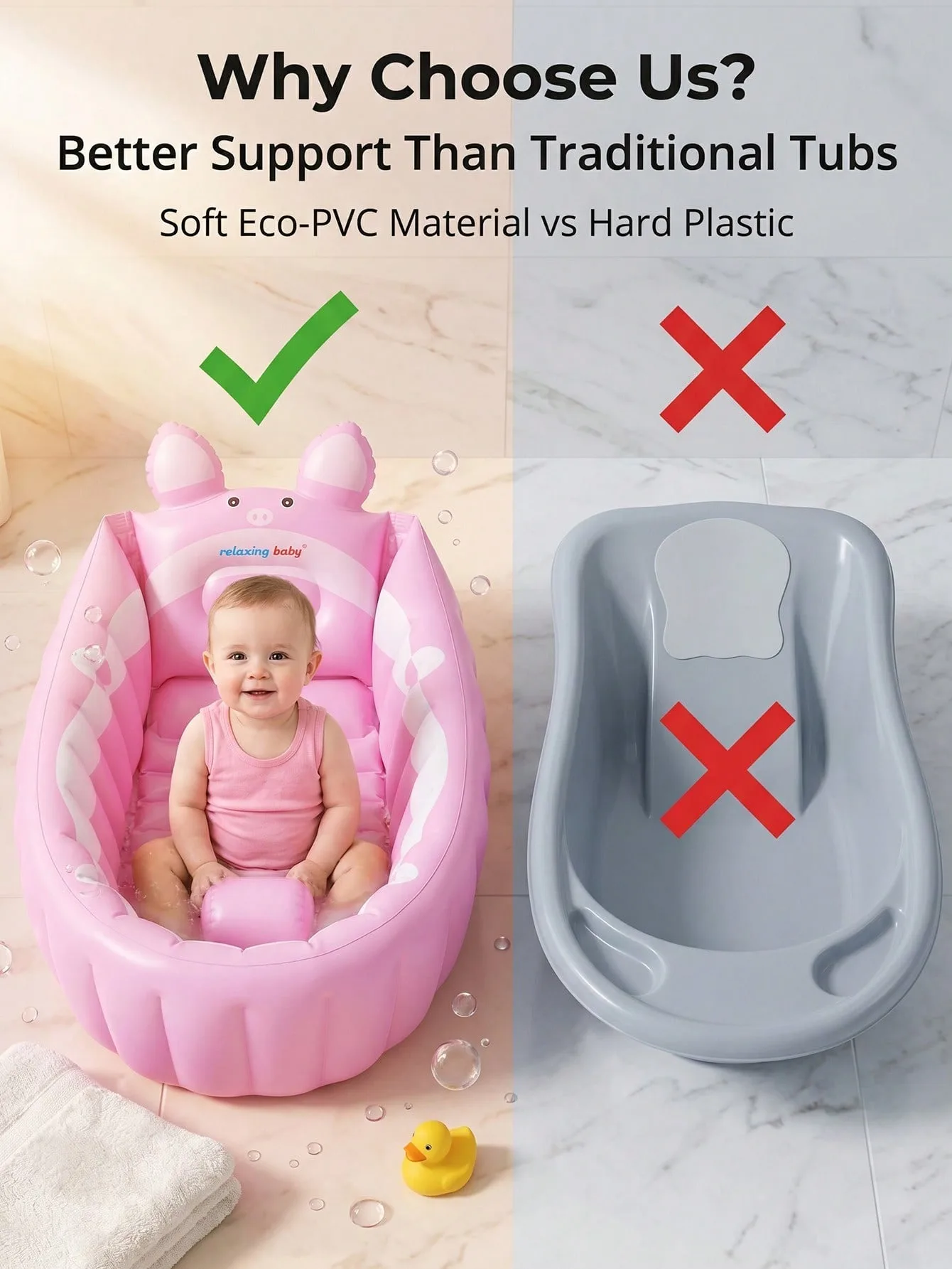 Inflatable Baby Bath Tub, Portable Foldable Infant Toddler Shower Basin With Air Pump, Cute Cartoon Pig Non-Slip Blow Up Travel