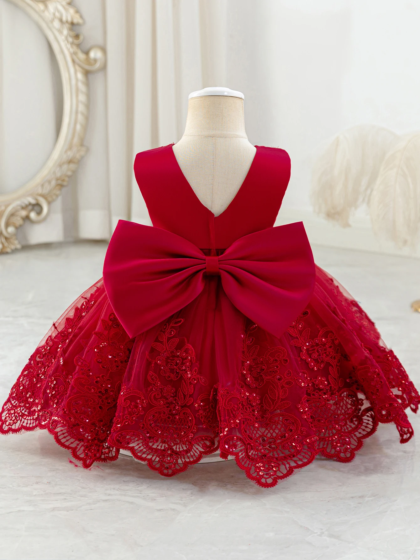 Baby Girl's Embroidered Sequin Net-silk Red Dress with Sleeveless Detachable Large Bow, Princess Dress, Baptism, Formal Event