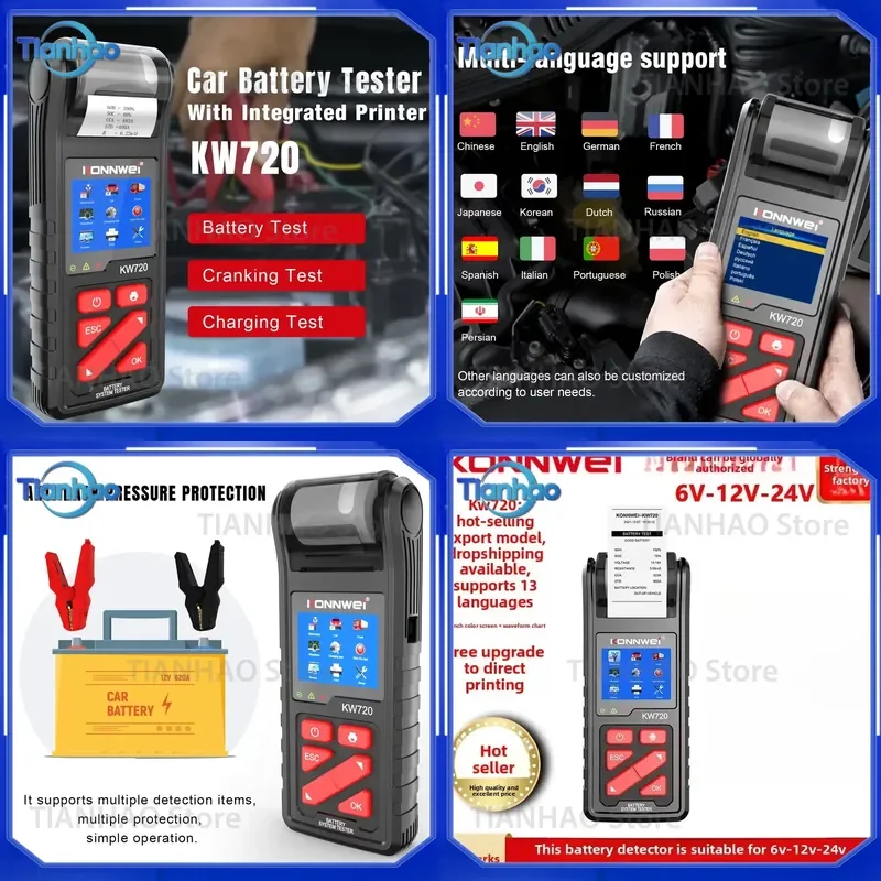 for KONNWEI KW720 Car Battery Analyzer 12V System Voltage Internal Resistance Tester Automotive Battery Load Test Tool