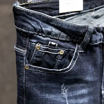 American Elastic Straight Jeans Men Ripped Worn-out Slim-fit Cotton Denim Pants Korean Style Fashion Blue Black Men's Clothing 3
