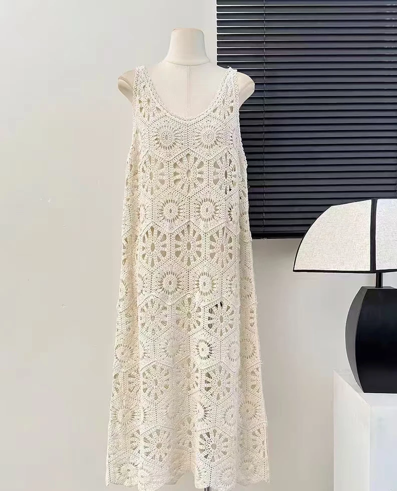 Gehäkeltes Maxikleid für Damen, durchsichtiges Cover-Up, ärmelloses, durchbrochenes Spitzen-Cami-Kleid, Sommer-Boho-Chic-Strandoutfit